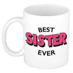 Foto van Best sister ever cadeau mok / beker wit met roze cartoon letters 300 ml - feest mokken