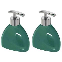 Foto van 2x stuks zeeppompjes/zeepdispensers van keramiek - smaragd groen - 300 ml - zeeppompjes