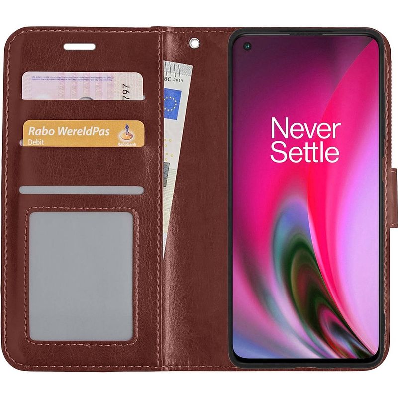 Foto van Basey oneplus nord 2 hoesje bookcase - oneplus nord 2 hoes flip case book cover - oneplus nord 2 hoes book case - bruin