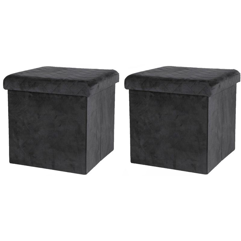 Foto van Urban living poef/hocker - 2x - opbergbox zit krukje - velvet zwart - polyester/mdf - 38 x 38 cm - opvouwbaar - poefs