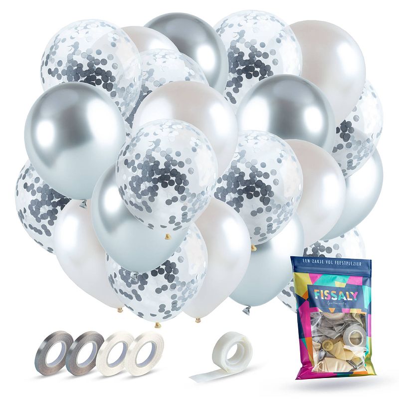 Foto van Fissaly® 40 stuks zilver, wit & zilveren papieren confetti helium latex ballonnen met accessoires - metallic chrome