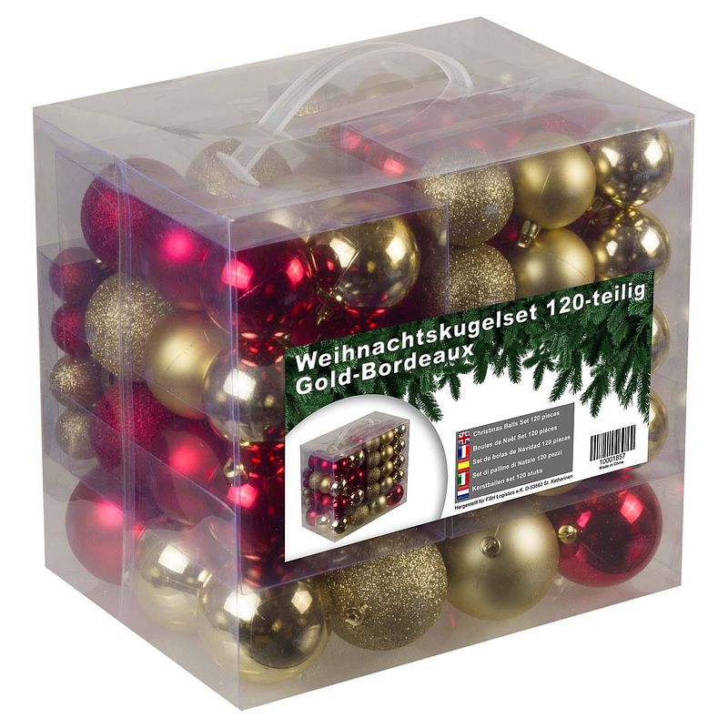 Foto van Kunststof kerstballen set 120 ballen - binnen buiten - goud/bordeaux