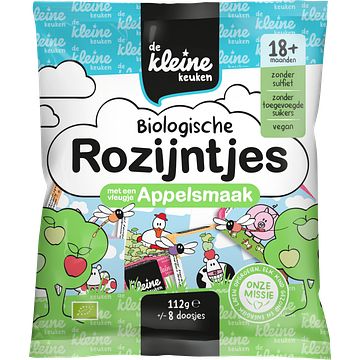 Foto van De kleine keuken biologische rozijntjes met een vleugje appelsmaak 18+ maanden 112g bij jumbo