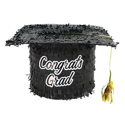 Foto van Pinata van papier - geslaagd/graduation hoedje thema - 28 x 29 x 15 cm - geslaagd/diploma gehaald - pinatas
