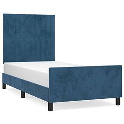 Foto van The living store bedframe - fluweel - verstelbare hoogte - multiplex lattenbodem - donkerblauw - 203x103x118/128cm