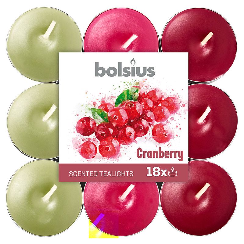 Foto van Bolsius geurkaarsen theelicht cranberry rood/wit 18 stuks