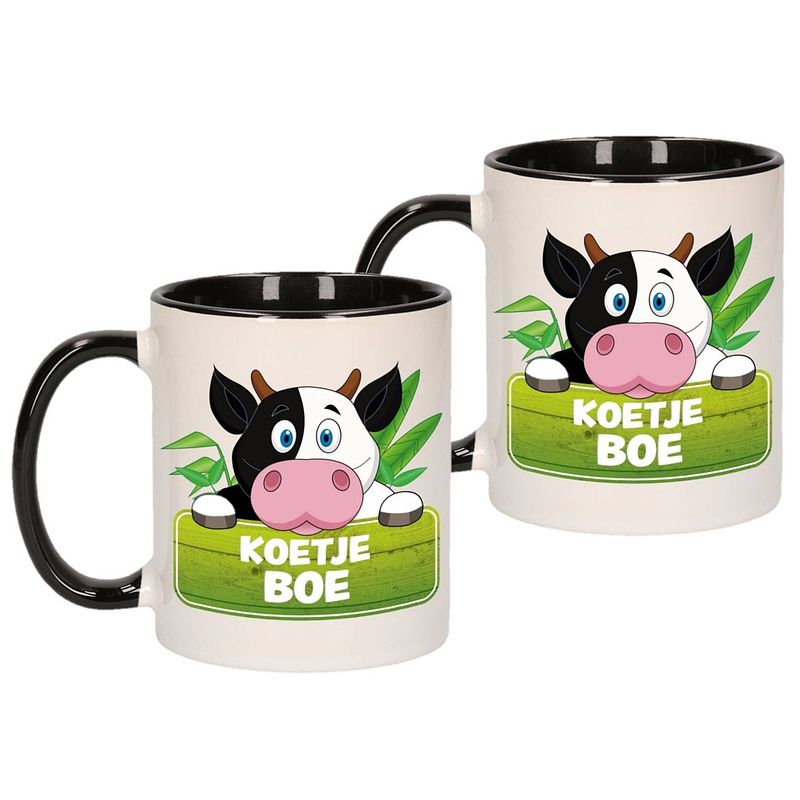 Foto van Set van 2x stuks kinder koeien mok / beker koetje boe zwart / wit 300 ml - bekers