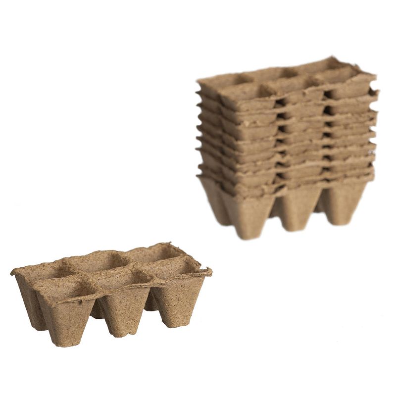 Foto van 10x stuks houtvezel kweekpotjes/stekpotjes trays met 6 vakjes 5 x 5 cm - stekpotjes