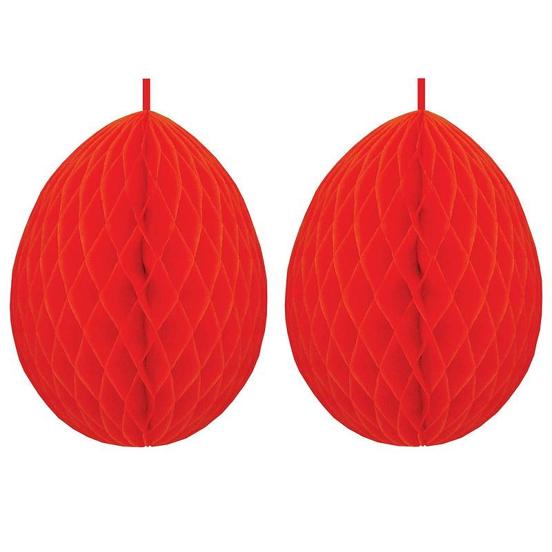 Foto van 3x stuks hangdecoratie honeycomb paaseieren rood van papier 30 cm - feestdecoratievoorwerp