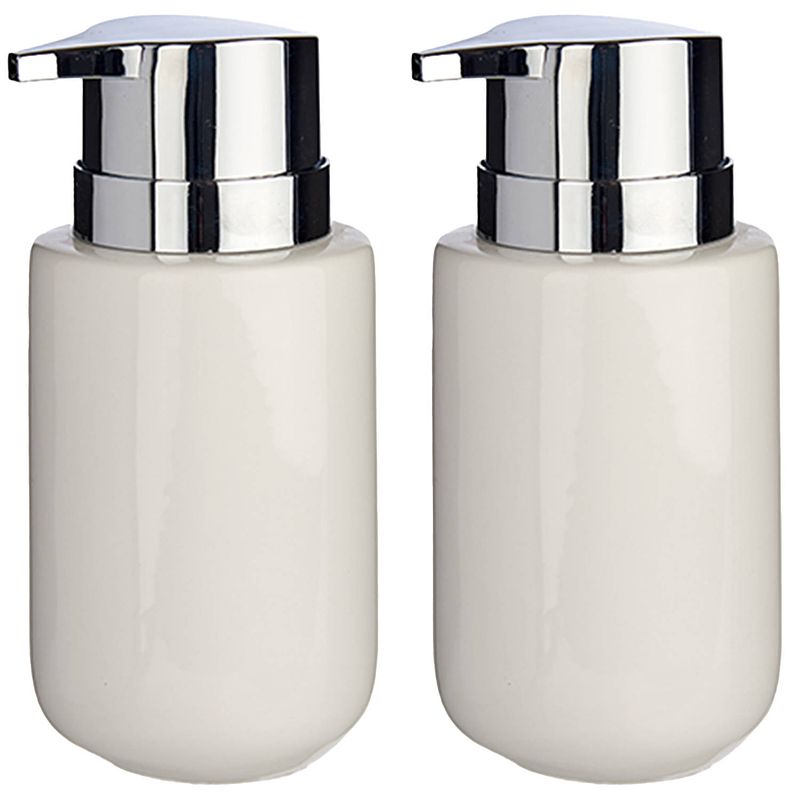 Foto van 2x stuks zeeppompjes/dispensers van keramiek - wit/zilver - 350 ml - zeeppompjes