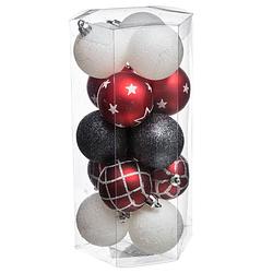 Foto van 15x stuks kerstballen mix wit/rood/zwart gedecoreerd kunststof 5 cm - kerstbal