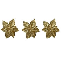 Foto van 3x stuks decoratie bloemen kerstster goud glitter op clip 23 cm - kersthangers