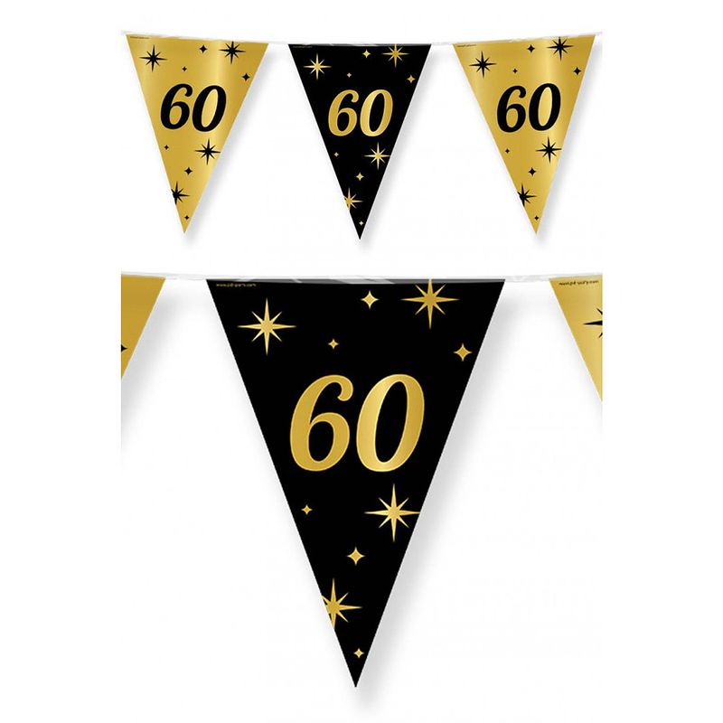 Foto van 3x stuks leeftijd verjaardag feest vlaggetjes 60 jaar geworden zwart/goud 10 meter - vlaggenlijnen