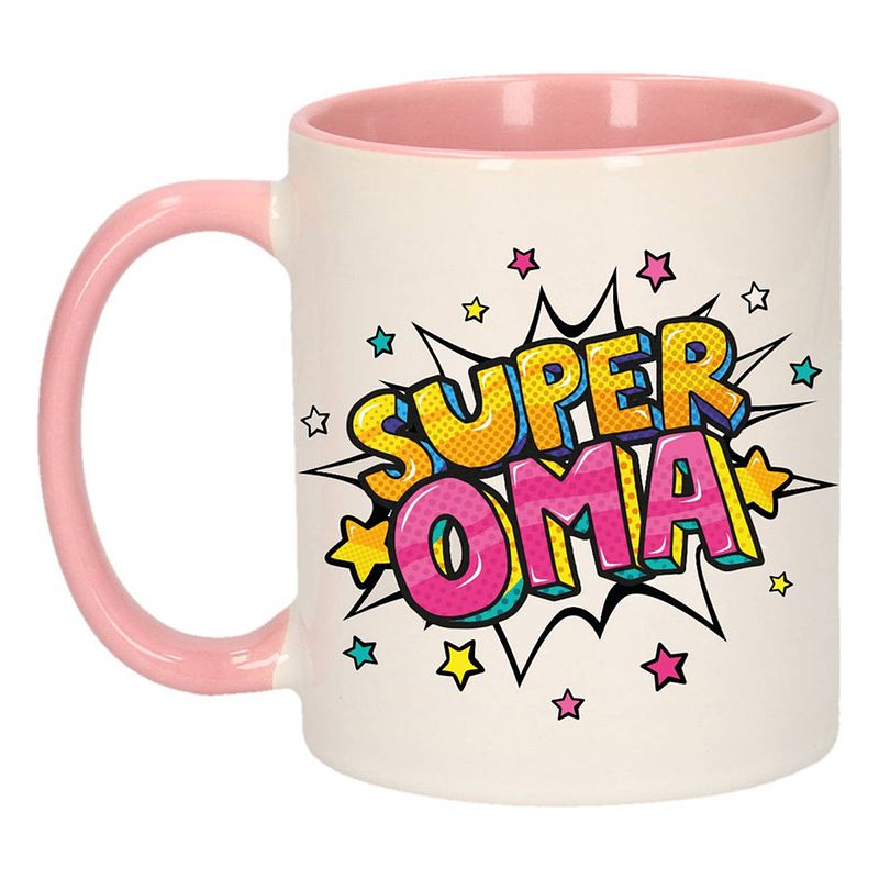 Foto van Super oma cadeau mok / beker wit en roze met sterren 300 ml - feest mokken