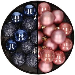 Foto van 36x stuks kunststof kerstballen donkerblauw en oudroze 3 en 4 cm - kerstbal