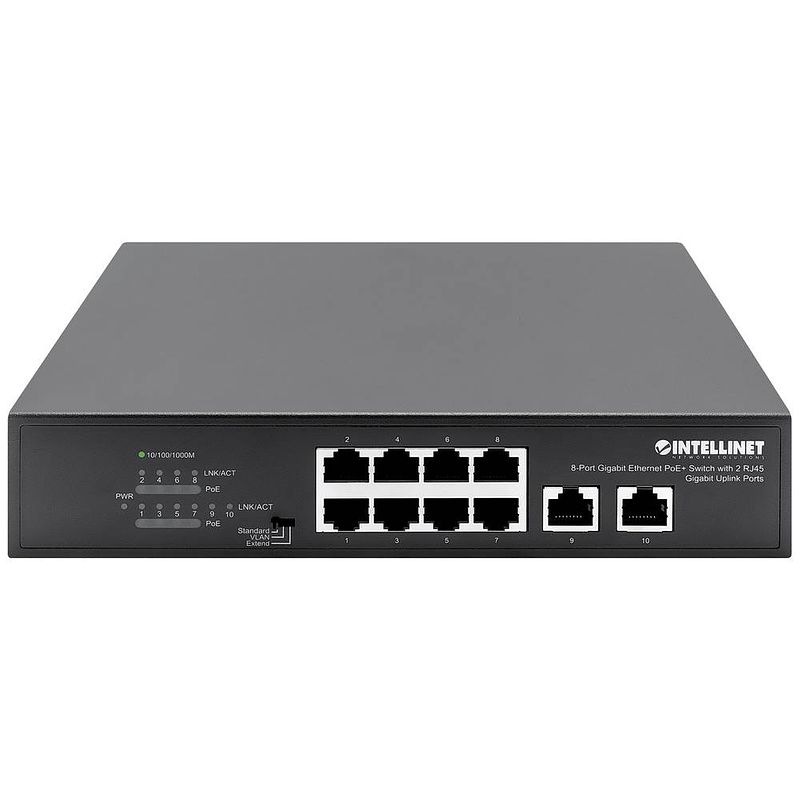 Foto van Intellinet 8-port gigabit ethernet poe+ switch mit 2 rj45 gigabit uplink-ports 120w netwerk switch 10 / 100 / 1000 mbit/s ieee 802.3af (15.4 w), ieee 802.3at