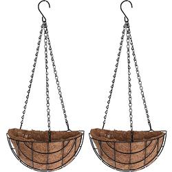 Foto van 2x stuks metalen hanging baskets / plantenbakken halfrond zwart met ketting 31 cm - hangende bloemen - plantenbakken