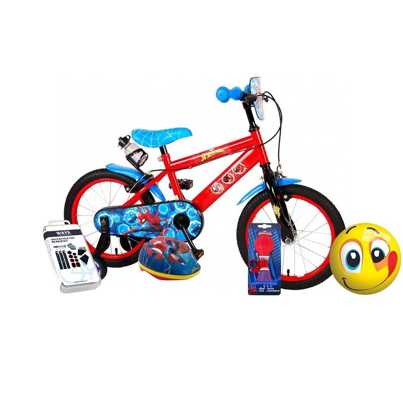 Foto van Volare kinderfiets spider-man - 16 inch - twee handremmen - blauw/rood - met fietshelm en accessoires