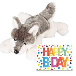 Foto van Verjaardag cadeau wolf 25 cm met xl happy birthday wenskaart - knuffeldier