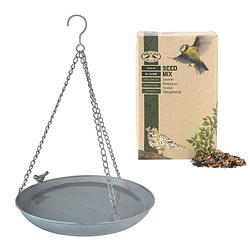 Foto van Vogelbad/voederschaal hangend rond metaal 30,4 x 30,4 cm met 2.5 kilo vogelvoer - vogelvoederhuisjes