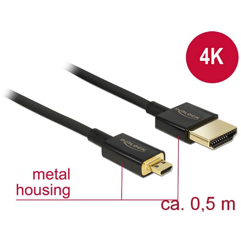 Foto van Delock hdmi aansluitkabel hdmi-a stekker, hdmi-micro-d stekker 0.50 m zwart 84788 vergulde steekcontacten hdmi-kabel