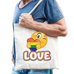 Foto van Bellatio decorations gay pride tas - katoen - 42 x 38 cm - naturel - lhbti - love - feest boodschappentassen