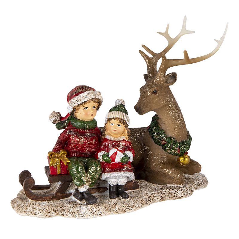 Foto van Clayre & eef kerstdecoratie beeld kinderen 17*11*16 cm bruin rood kunststof decoratief figuur decoratieve accessoires