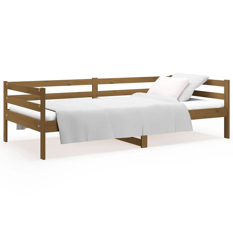 Foto van The living store logeerbed grenenhout - 193.5 x 96 x 56.5 cm - 3-zijdig bedhek - gelat ontwerp - veelzijdig bed - extra