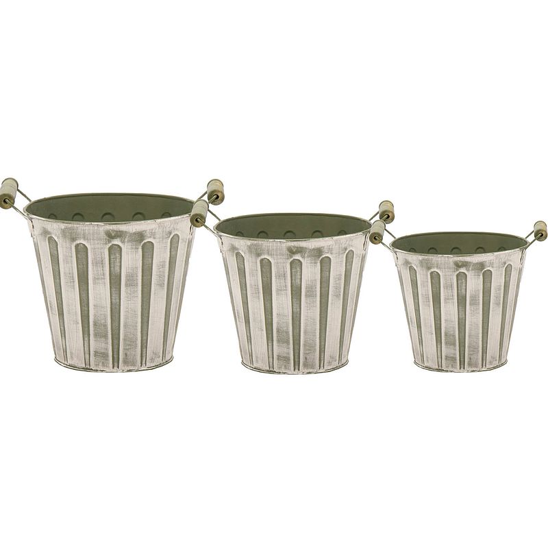 Foto van Emmer/plantenpot/bloempot - set van 3x stuks - zink - legergroen - emmers