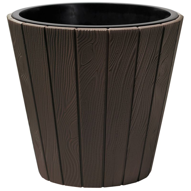 Foto van Prosperplast plantenpot/bloempot wood style - buiten/binnen - kunststof - donkerbruin - d30 x h28 cm - plantenpotten