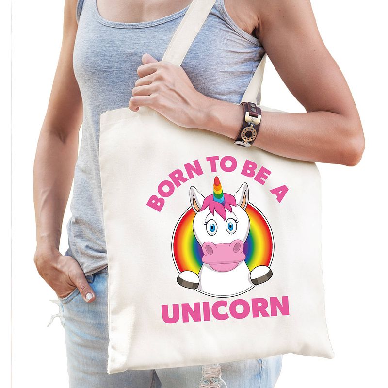 Foto van Born to be a unicorn regenboog / lhbt katoenen tas wit voor volwassenen - feest boodschappentassen