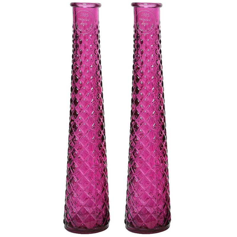 Foto van 2x stuks vazen/bloemenvazen van gerecycled glas - d7 x h32 cm - roze - vazen