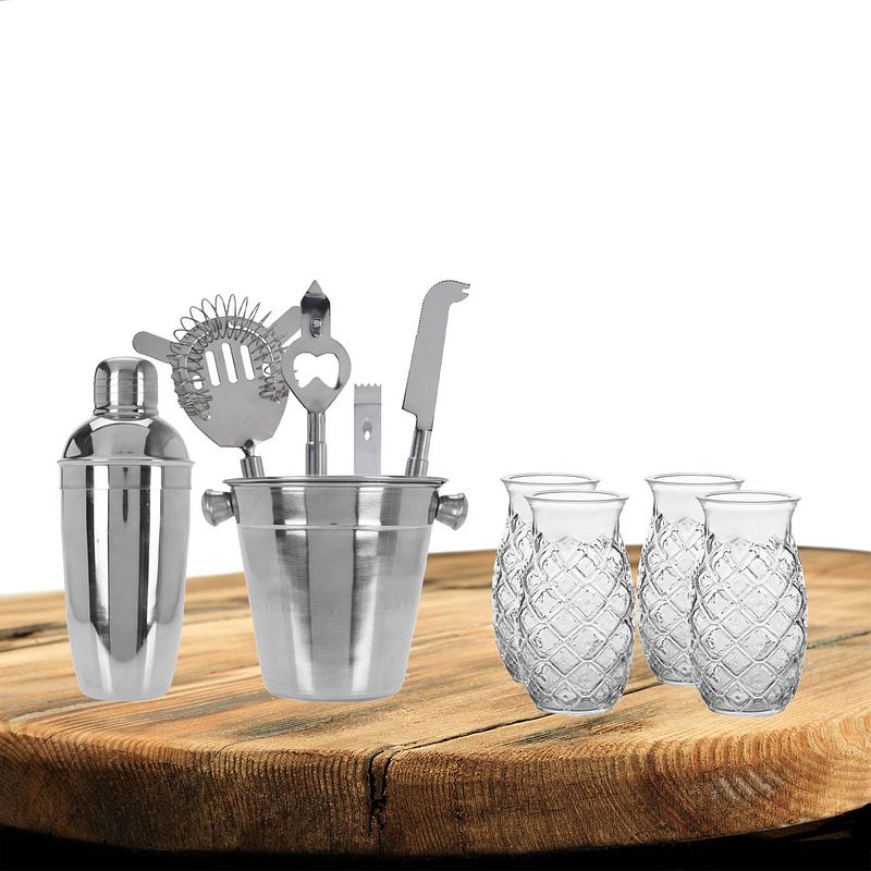 Foto van Excellent houseware cocktails maken set 6-delig met 4x pina colada glazen - cocktailshakers