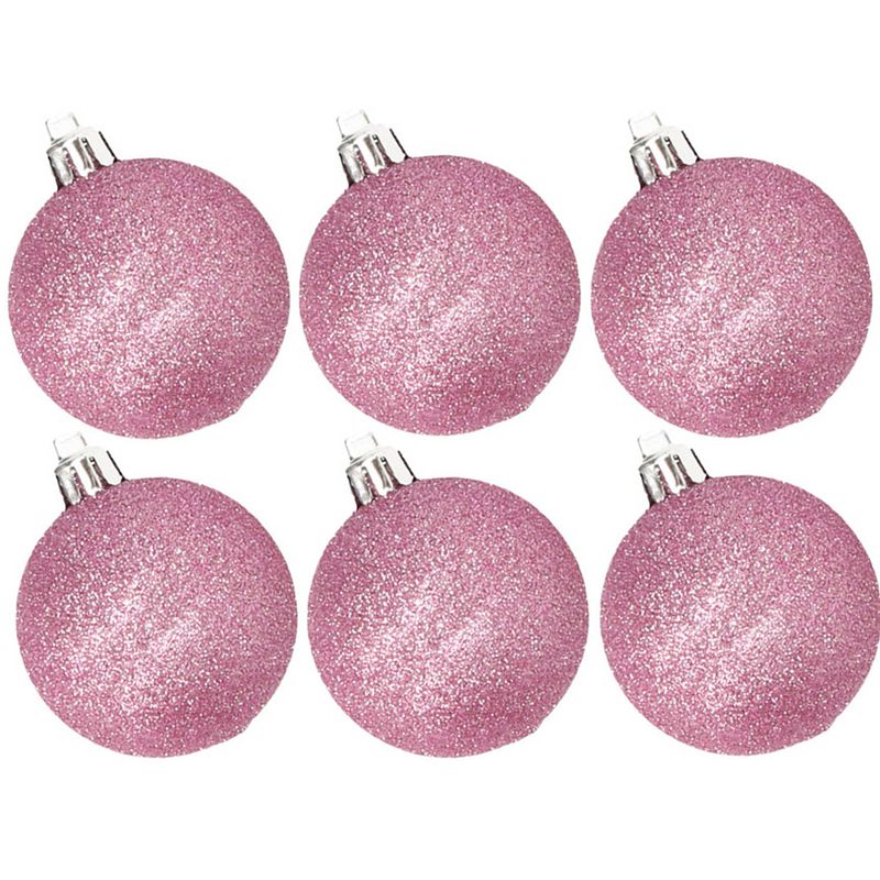 Foto van 6x stuks kunststof glitter kerstballen roze 8 cm - kerstbal