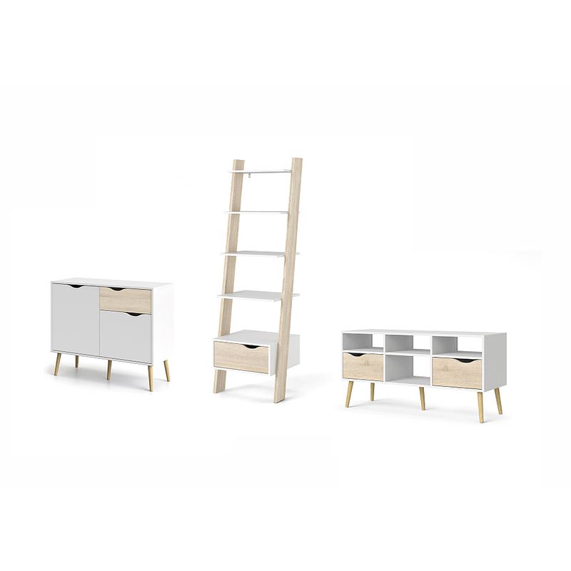 Foto van Napoli wandkast set met garderobe, tv meubel en plank, wit/eiken decor.