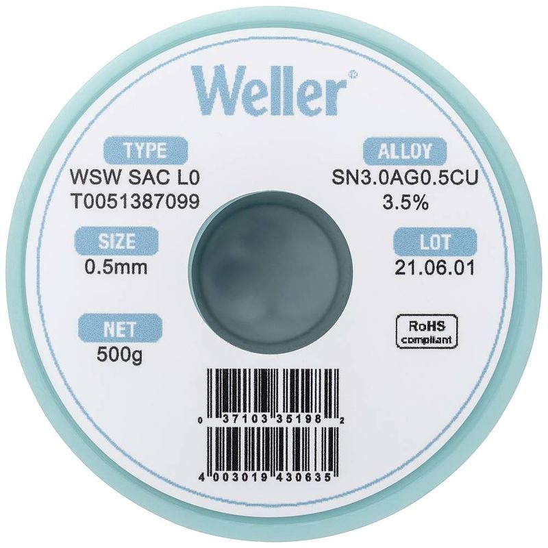 Foto van Weller wsw sac l0 soldeertin, loodvrij spoel sn3,0ag0,5cu 500 g 0.5 mm