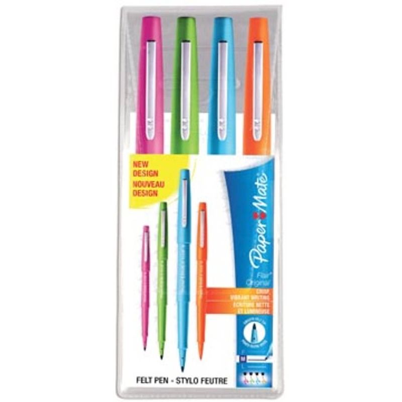 Foto van Paper mate fineliner flair original, etui met 4 stuks in geassorteerde fun kleuren