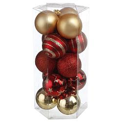 Foto van 15x stuks kerstballen mix goud/rood gedecoreerd kunststof 5 cm - kerstbal