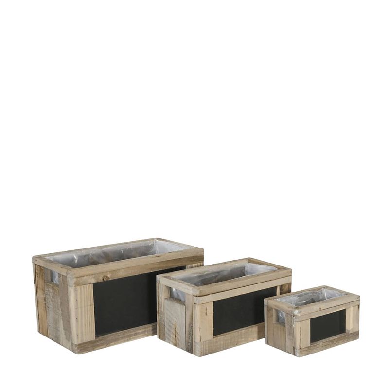 Foto van Vintage hout plantenbak met krijtbord-set van 3-naturel-40x22x20.5cm