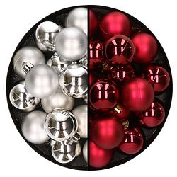 Foto van 32x stuks kunststof kerstballen mix van zilver en donkerrood 4 cm - kerstbal