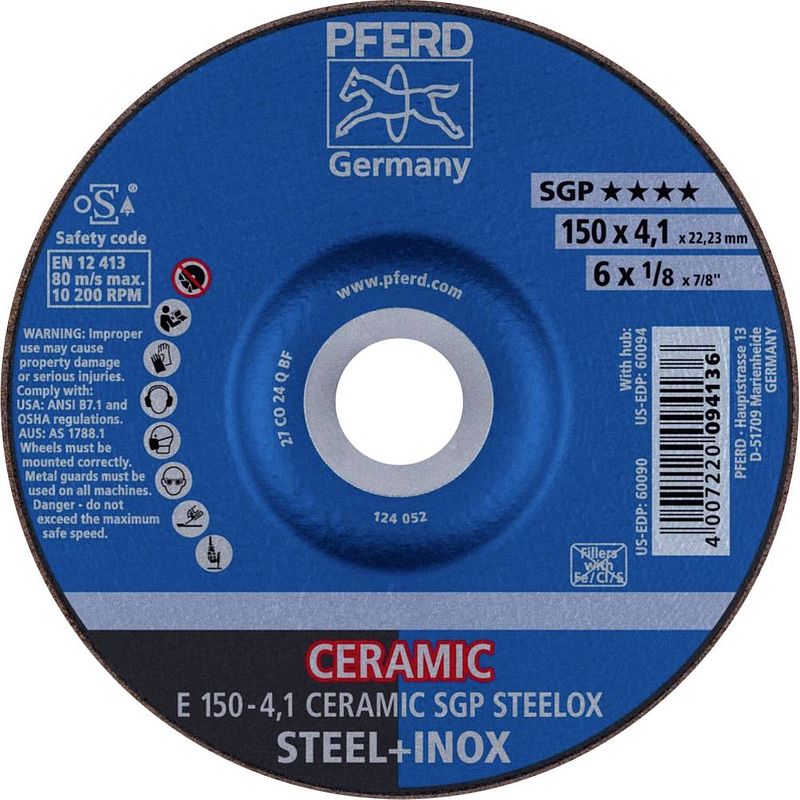 Foto van Pferd 62100150 e 150-4,1 ceramic sgp steelox afbraamschijf gebogen 150 mm 22.23 mm 10 stuk(s)