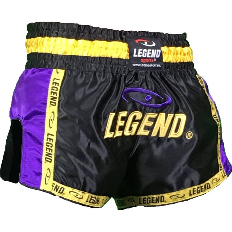 Foto van Legend sports kickboksshort unisex satijn zwart/geel/paars mt l