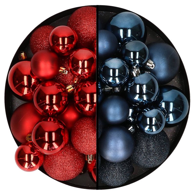 Foto van Kerstballen 60x stuks - mix rood/donkerblauw - 4-5-6 cm - kunststof - kerstbal