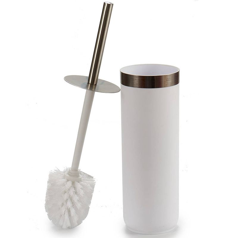 Foto van Wc-/toiletborstel en houder 38 cm met zeeppompje 350 ml wit/zilver - badkameraccessoireset