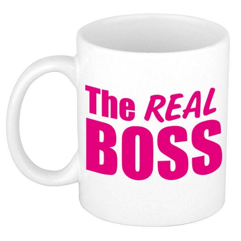 Foto van The real boss cadeau mok / beker wit met roze letters 300 ml - feest mokken