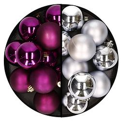 Foto van Kerstballen 24x stuks - mix zilver en paars - 6 cm - kunststof - kerstbal