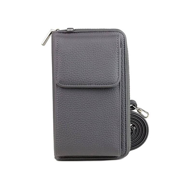 Foto van Ibello portemonnee tasje met schouderband grijs telefoontasje dames anti-skim rfid festival tas portemonnee voor mobiel