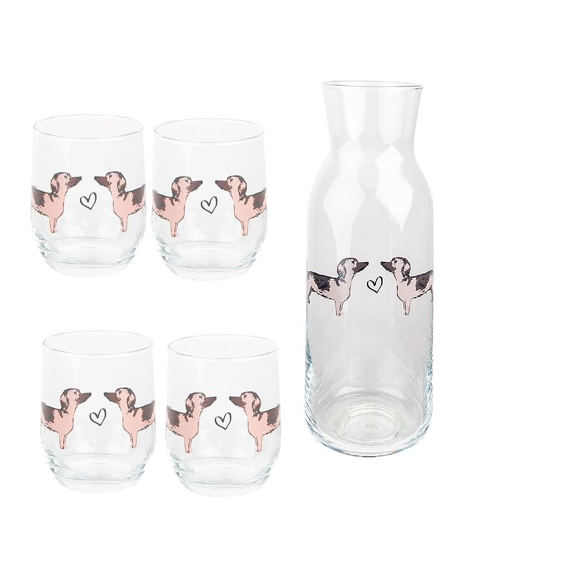 Foto van Haes deco - set van 4 waterglazen + karaf - ø 8x9 cm / 260 ml - dachshund love