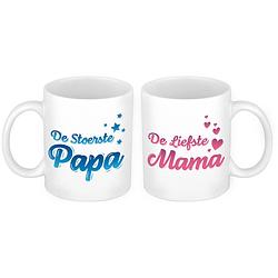 Foto van Liefste mama en stoerste papa mok - cadeau beker set voor papa en mama - feest mokken