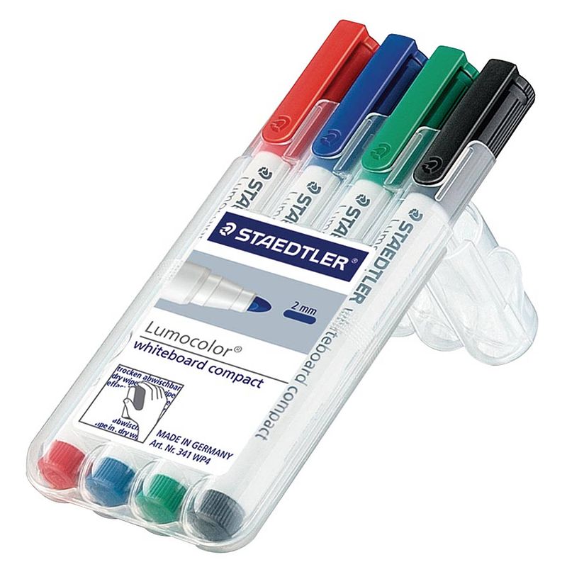 Foto van Staedtler whiteboardmarker lumocolor compact opstelbare box met 4 stuks in geassorteerde kleuren 10 stuks